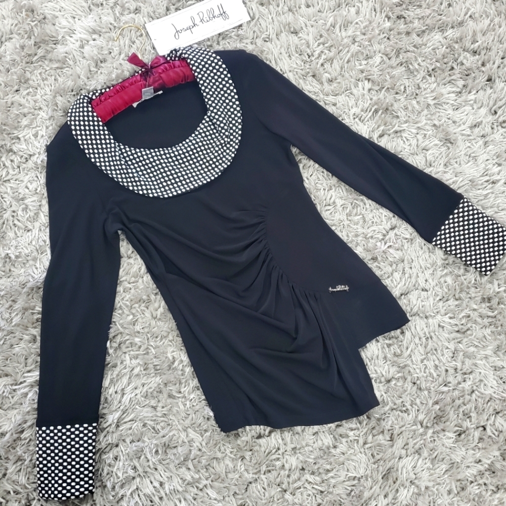 Joseph Ribkoff  Long Sleeve Black Top with Polk a Dot Collar and Cuff Size 8